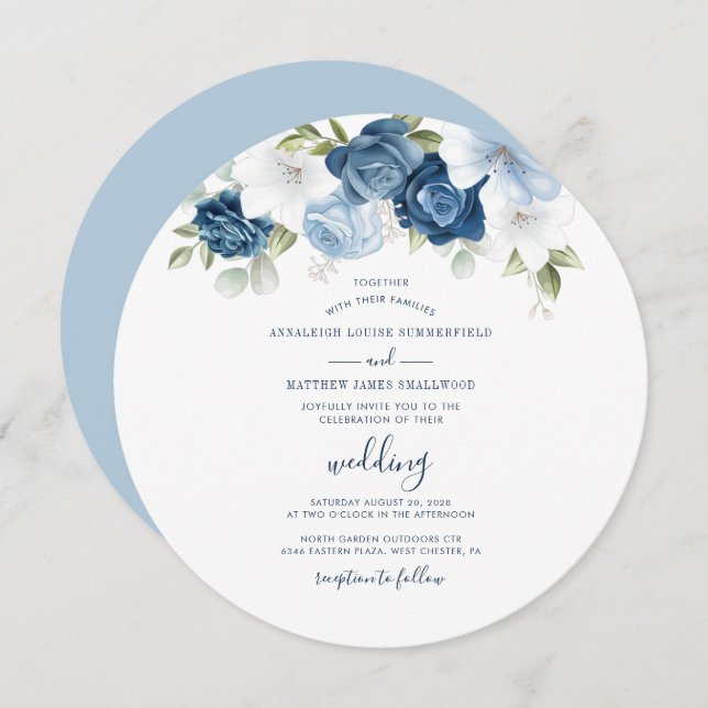 Convite Dusty Blue Floral Modern Wedn (Frente/Verso)