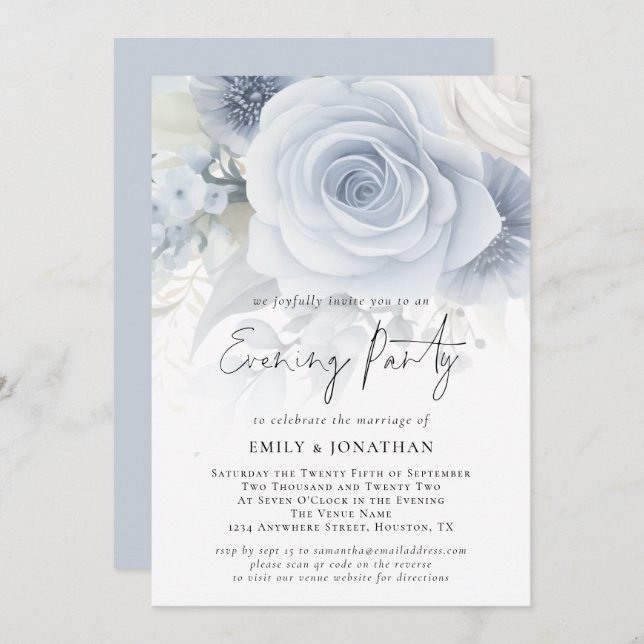 Convite Dusty Blue Floral Overlay Festa QR Noite de Casame (Frente/Verso)