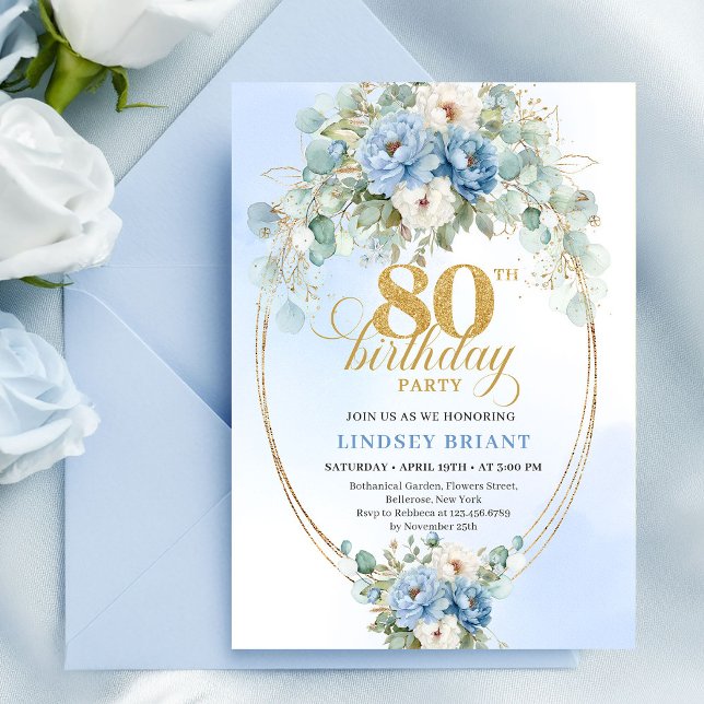 Convite Dusty Blue Floral Peonies Boho 80th Birthday (Dusty Blue Floral Peonies Boho 80th Birthday)