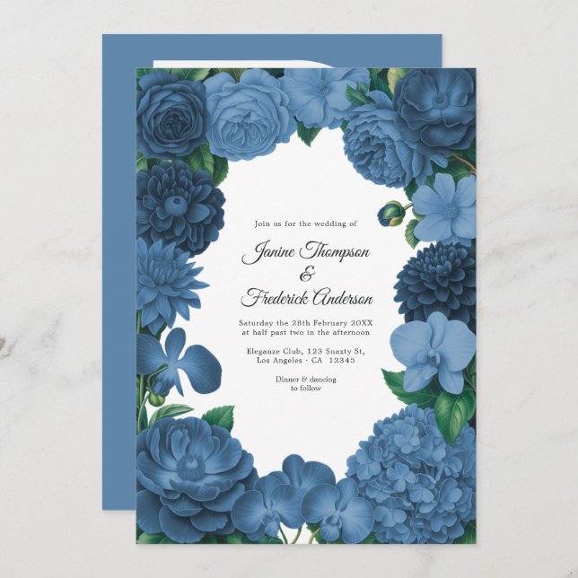 Convite Dusty Blue Floral Photo and QR Code Wedding (Frente/Verso)