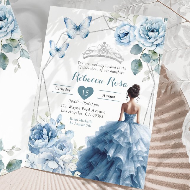 Convite Dusty Blue Floral Princesa Mexicana Quinceañera (Criador carregado)