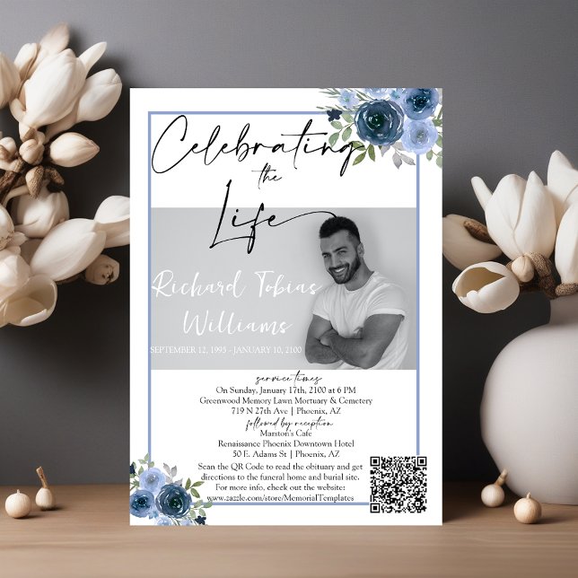 Convite Dusty Blue Floral QR Code Memorial Foto Funeral (Criador carregado)