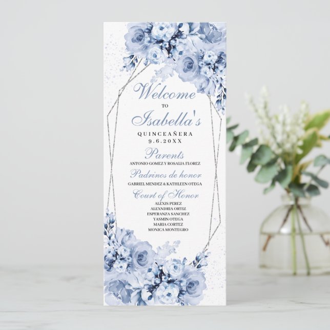 Convite Dusty Blue Floral Quinceanera (Em pé/Frente)