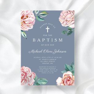Convite Dusty Blue Floral Religioso Cross Boy Baptism