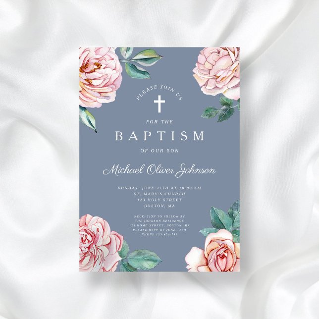 Convite Dusty Blue Floral Religioso Cross Boy Baptism (Dusty Blue Floral Religious Cross Boy Baptism Invitation)