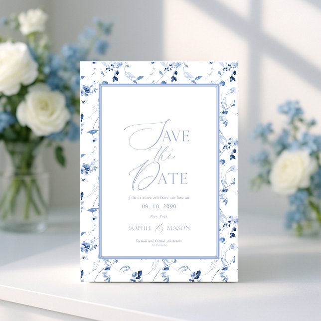 Convite Dusty Blue Floral Save the Date Card (Criador carregado)