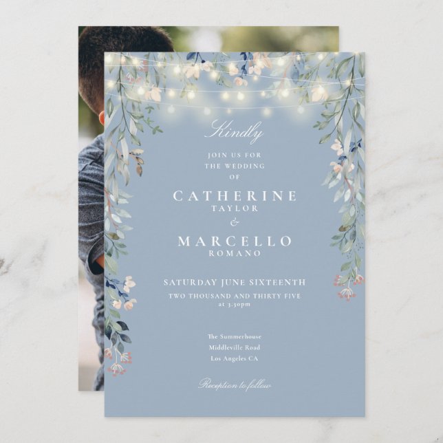 Convite Dusty Blue Floral String Lights Foto de Casamento (Frente/Verso)