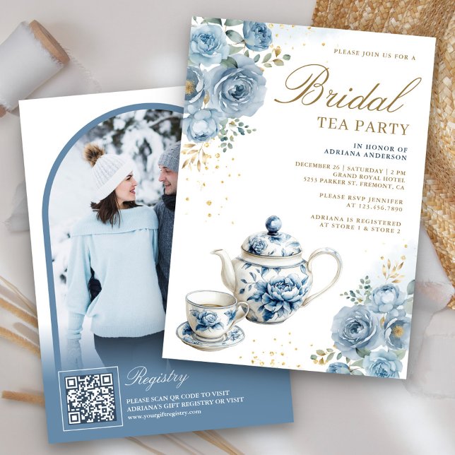 Convite Dusty Blue Floral Tea Party QR Code Chá de panela (Criador carregado)