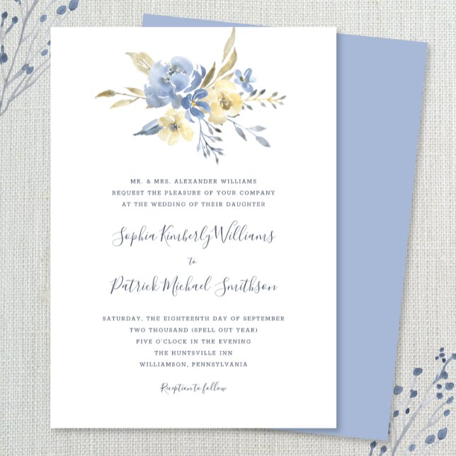 Convite Dusty Blue Floral + texto tradicional casamento (Criador carregado)