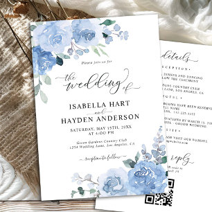 Convite Dusty Blue Floral Tudo em um código QR Casamento l