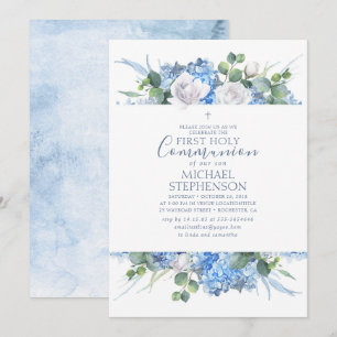 Convite Dusty Blue Floral Verde Moderna Sagrada COMUNICAÇ