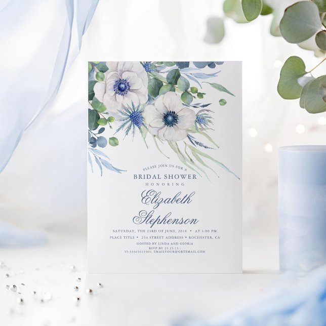 Convite Dusty Blue Floral Verde Moderno Chá de panela (Dusty Blue Romantic Bridal Shower Invitations)