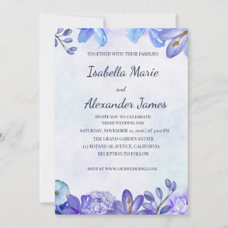 Convite Dusty Blue Floral Watercolor Frame Wedding Invitat