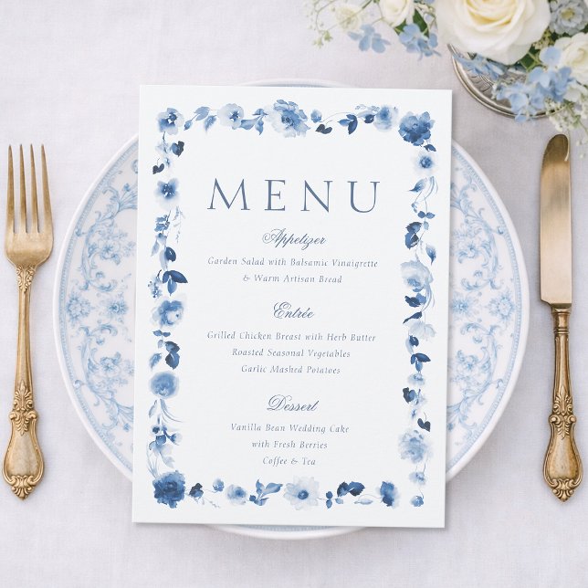 Convite Dusty Blue Floral Wedding Menu Card (Criador carregado)