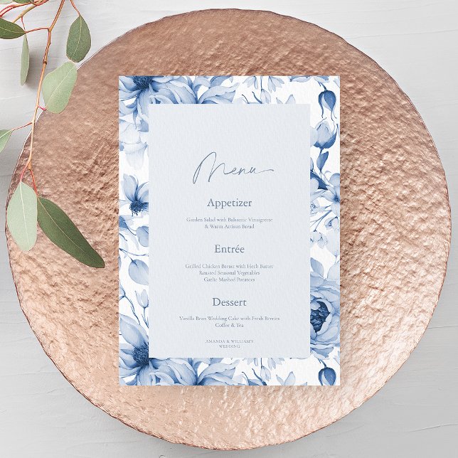Convite Dusty Blue Floral Wedding Menu Card (Criador carregado)