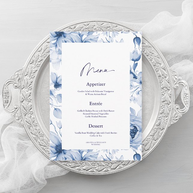 Convite Dusty Blue Floral Wedding Menu Card (Criador carregado)