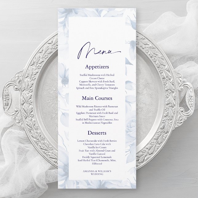Convite Dusty Blue Floral Wedding Menu Card (Criador carregado)