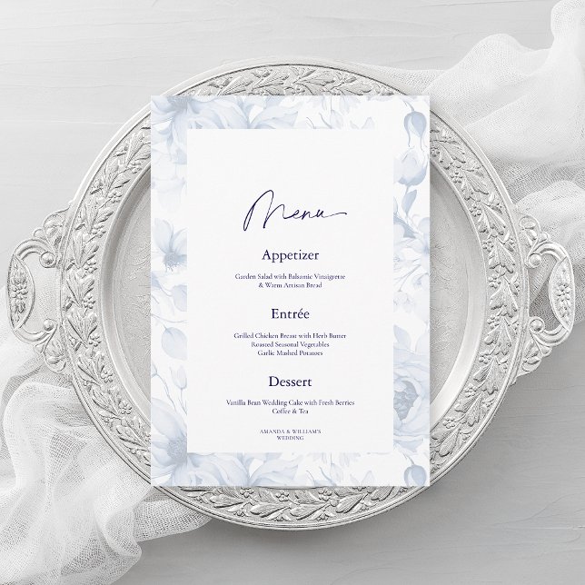Convite Dusty Blue Floral Wedding Menu Card (Criador carregado)
