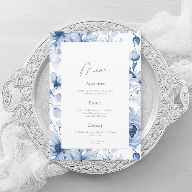 Convite Dusty Blue Floral Wedding Menu Card (Criador carregado)