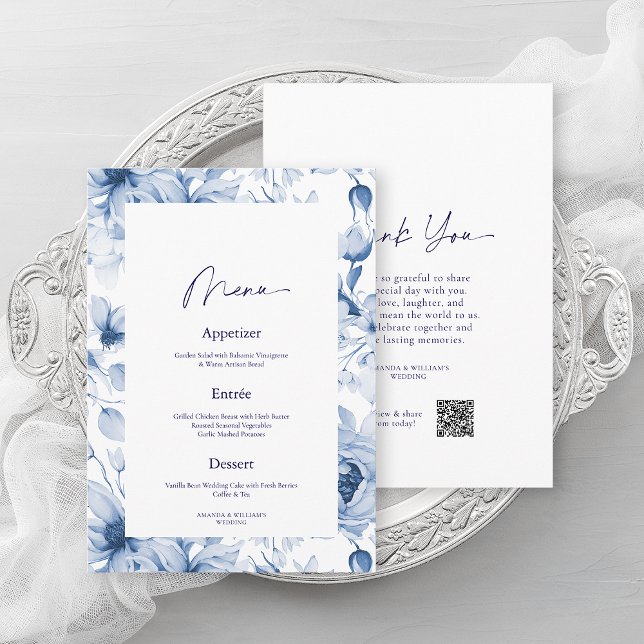 Convite Dusty Blue Floral Wedding Menu & Thank You Card (Criador carregado)