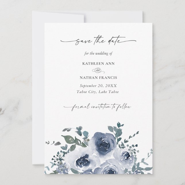 Convite Dusty Blue Floral Wedding Save the Date (Frente)