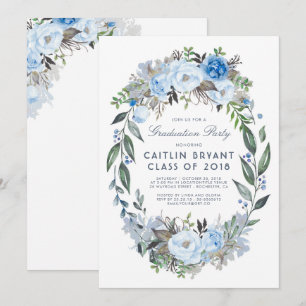Convite Dusty Blue Floral Wreath Elegante Festa de formatu