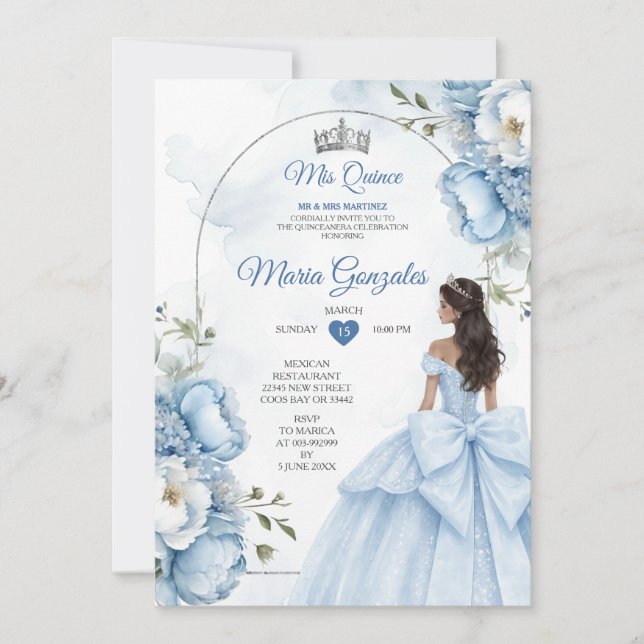 Convite Dusty Blue Floral XV Birthday Invite with Crown (Frente)