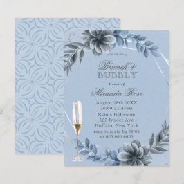 Convite Dusty Blue Florals Brunch e Bubbles Invite