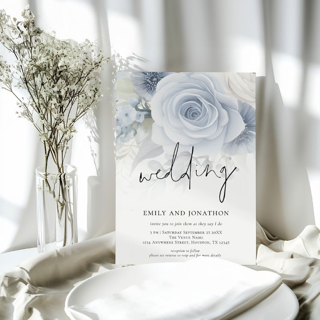 Convite Dusty Blue Florals Casamento Informal de Script (Criador carregado)