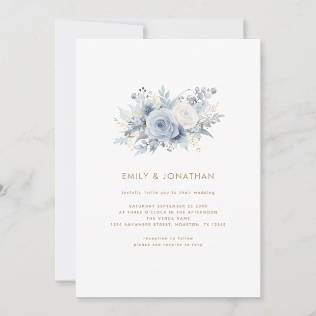 Convite Dusty Blue Florals Dourado Script QR Code Casament (Frente)