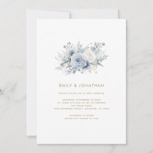 Convite Dusty Blue Florals Dourado Script QR Code Casament