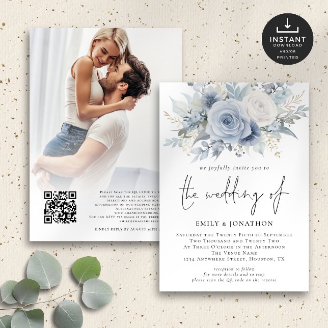 Convite Dusty Blue Florals Foto QR Code Casamento (Front and back view)
