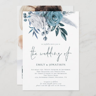 Convite Dusty Blue Florals Foto QR Code Casamento