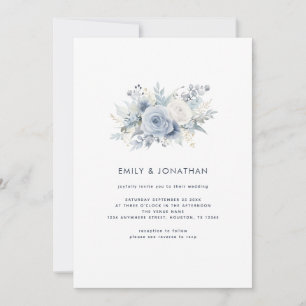 Convite Dusty Blue Florals Texto do Marinho QR Código Casa
