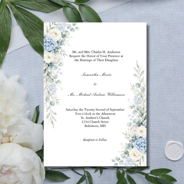 Convite Dusty Blue Florals Traditional Church Wedding (Dusty Blue Cream Florals Watercolor Flowers Traditional Classic Church Wedding Invitation)
