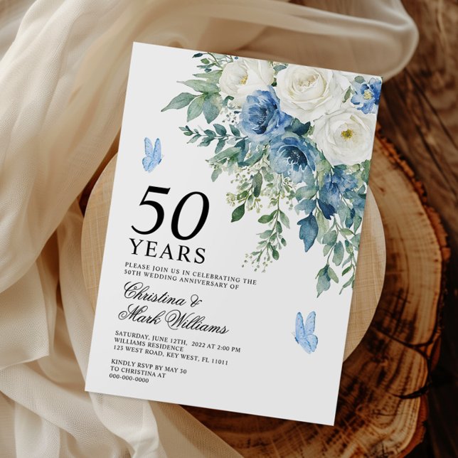 Convite Dusty Blue Flowers 50th Wedding Anniversary (Criador carregado)