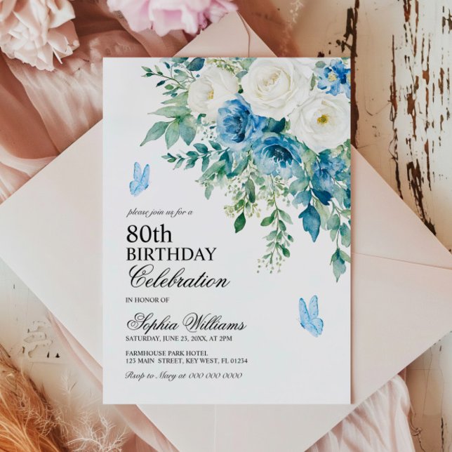 Convite Dusty Blue Flowers 80th Birthday (Criador carregado)