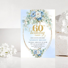 Convite Dusty Blue Flowers Gold 60th Birthday Invitation