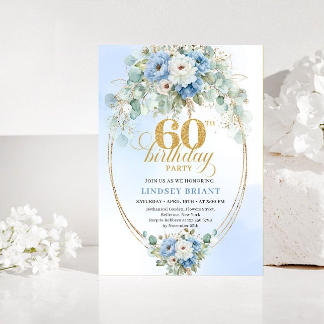 Convite Dusty Blue Flowers Gold 60th Birthday Invitation (Dusty Blue Flowers Gold 60th Birthday Invitation)