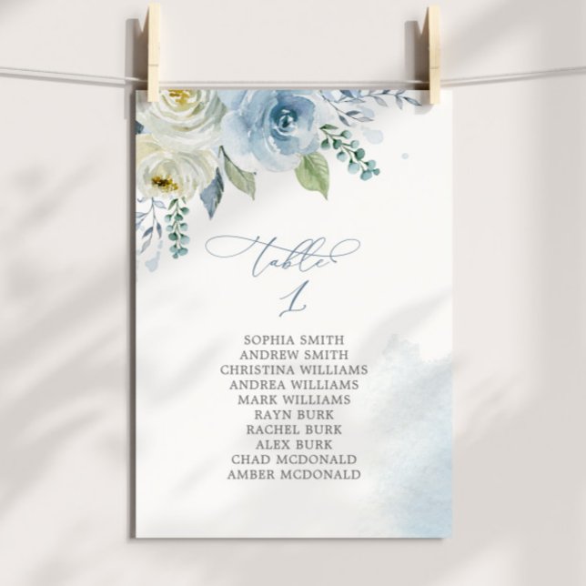 Convite Dusty Blue Flowers Table Number 1 Seating Chart (Criador carregado)