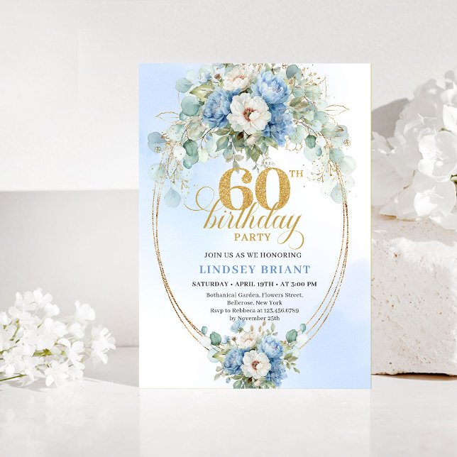 Convite Dusty blue flowers white peony gold 60th birthday  (Dusty blue flowers white peony gold 60th birthday invitation

)