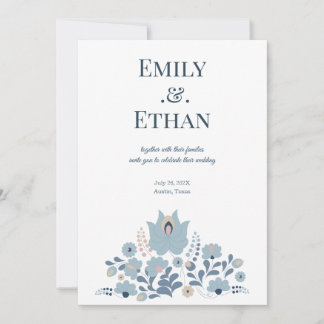 Convite Dusty Blue Folk Floral Wedding Invitation