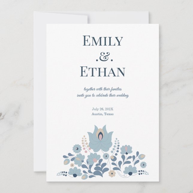 Convite Dusty Blue Folk Floral Wedding Invitation (Frente)