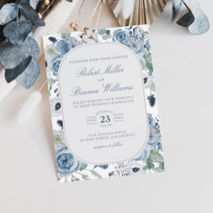 Convite Dusty Blue Garden Rosas Floral Elegante Casamento