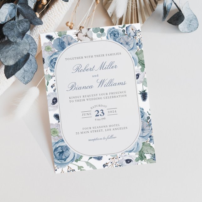 Convite Dusty Blue Garden Rosas Floral Elegante Casamento (Criador carregado)