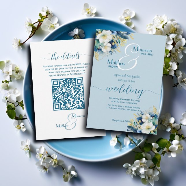 Convite Dusty Blue Glitter Floral Código QR Casamento (Criador carregado)