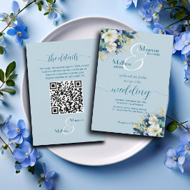Convite Dusty Blue Glitter Floral Código QR Casamento