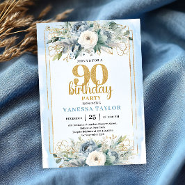 Convite Dusty Blue Gold Frame Modern 90th Birthday Invite