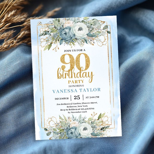 Convite Dusty Blue Gold Sparkle Elegant 90th Birthday  (Dusty Blue Gold Sparkle Elegant 90th Birthday Invite)