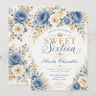 Convite Dusty Blue Gold Sweet Sixteen